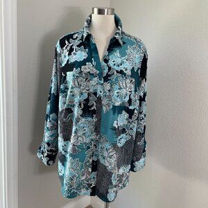 Charter Club Woman Plus 2X Black & Turquoise Floral Blouse Roll Tab Sleeve Shirt